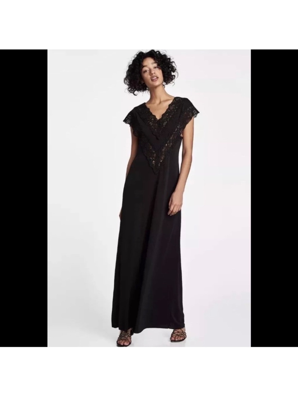 Zara Black Lace V-Neck Maxi Dress with Cap Sleeves